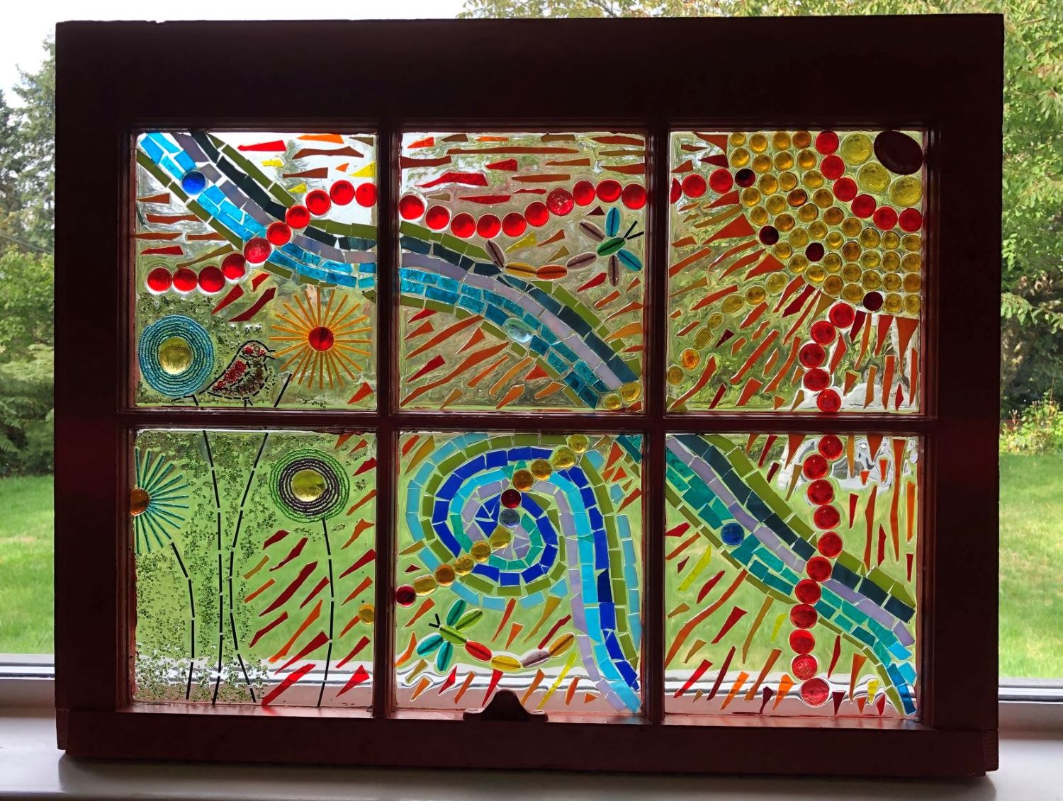 Fused Glass Window frame  with sun and flowers by Carmen Komm