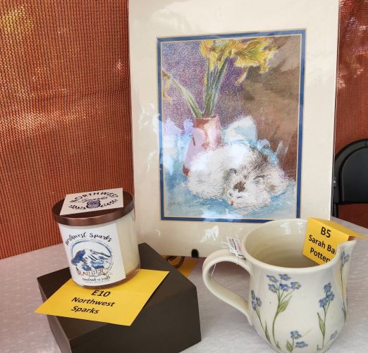 Pottery by Sarah Bak Pottery, Candle by Northwest Sparks and art print by Deborah Knetzger